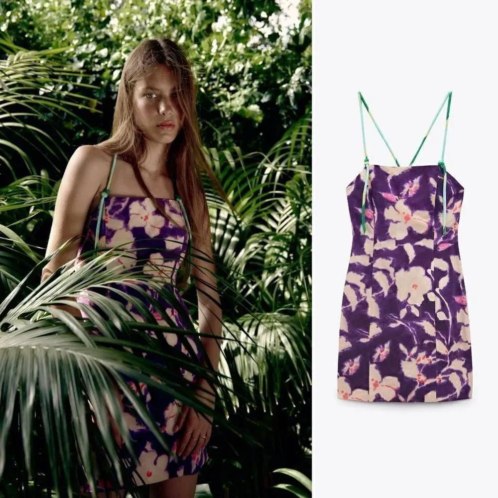 Zara purple floral mini linen blend dress M NWT